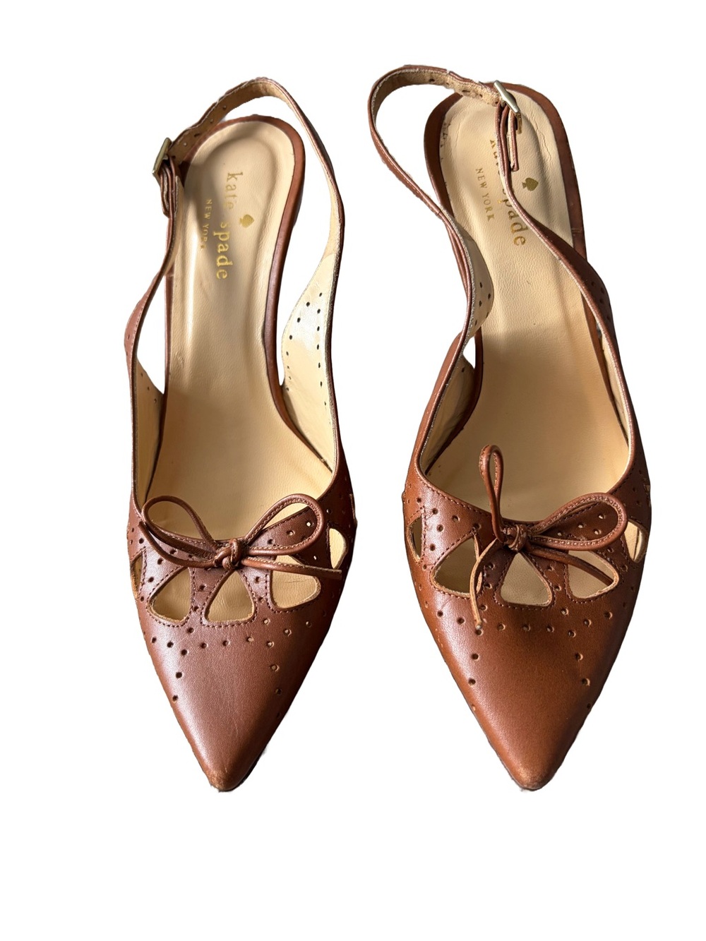 Kate Spade New York Brown Leather Pointed-Toe Slingback Pumps with Laser Cutouts